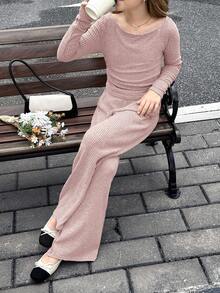 SHEIN Tween Girl Autumn/Winter Casual Fashion Versatile Ribbed Off-Shoulder/Off-Shoulder 2-Way T-Shirt Top With Pockets And Straight Leg Pants Set, Suitable For Weekend, Casual Outing, Back To School, Casual Two Piece Set, Girls Ribbed Set, Ribbed Two Piece Set - Baby Pink - View 5