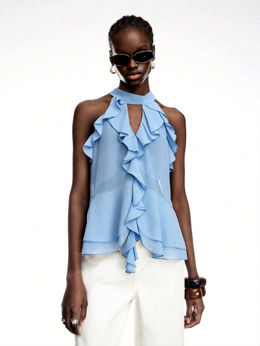 LYSMO Áo kiểu voan xếp ly màu xanh nhạt mới về - Phong cách Bohemian cho mùa hè - Màu xanh nhạt - Xem 1