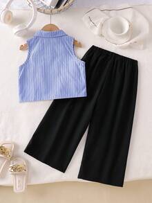 Girls' Elegant Bowknot Collar Sleeveless Buttoned Shirt + Casual Versatile Pleated Wide Leg Pants Fashion Set, Suitable For Vacation, Travel, Festivals, Parties, Spring/Summer/Autumn - Blue - View 3
