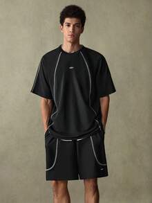 SWAVVY Men's Casual Daily Fashion Street Contrast Stitch Graphic T-Shirt And Shorts Set, Summer - Black - View 2