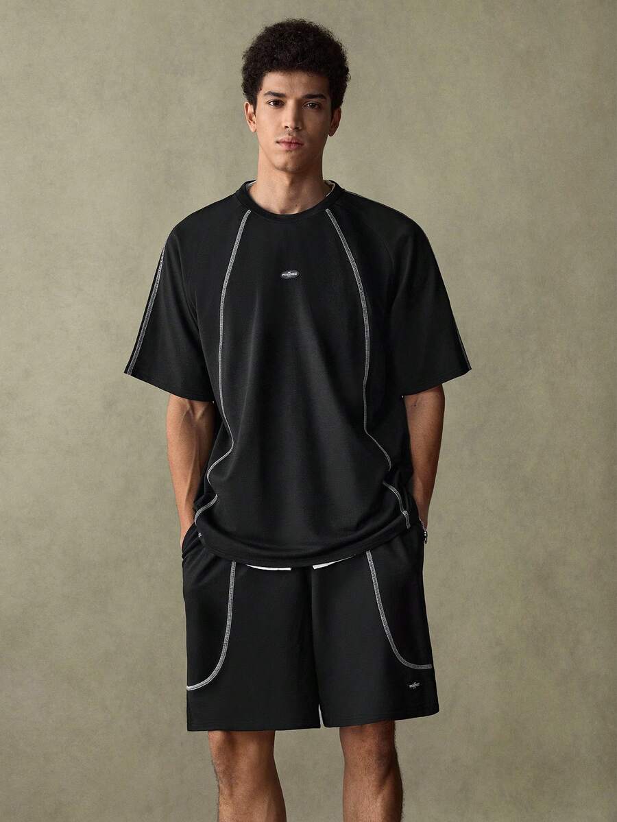 SWAVVY 男士休闲日常时尚街头撞色拼接图案T恤短裤套装，夏季 - 黑色 - 查看 1