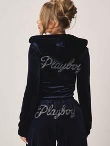 Missguided x Playboy Velour Zip Up Cropped Hooded Sweatshirt With Rhinestone Embellishments And Front Zipper Closure For Casual Winter Wear - Navy Blue - View 2