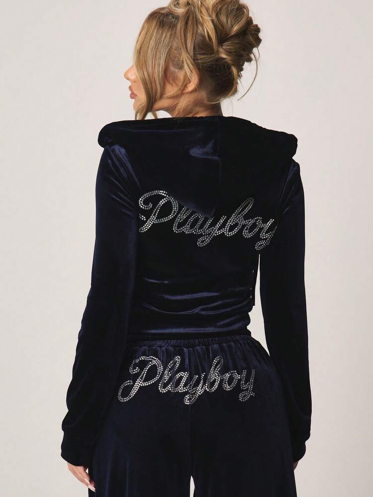 Missguided x Playboy 벨루어 지퍼업 크롭 후드 스웨트셔츠, 라인스톤 장식 및 캐주얼 겨울 착용을 위한 앞면 지퍼 클로저