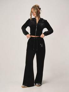 Missguided x Playboy Velour Wide Leg Joggers With Rhinestone Logo Elastic Waistband Drawstring Closure Comfortable Lounge Pants - Black - View 2