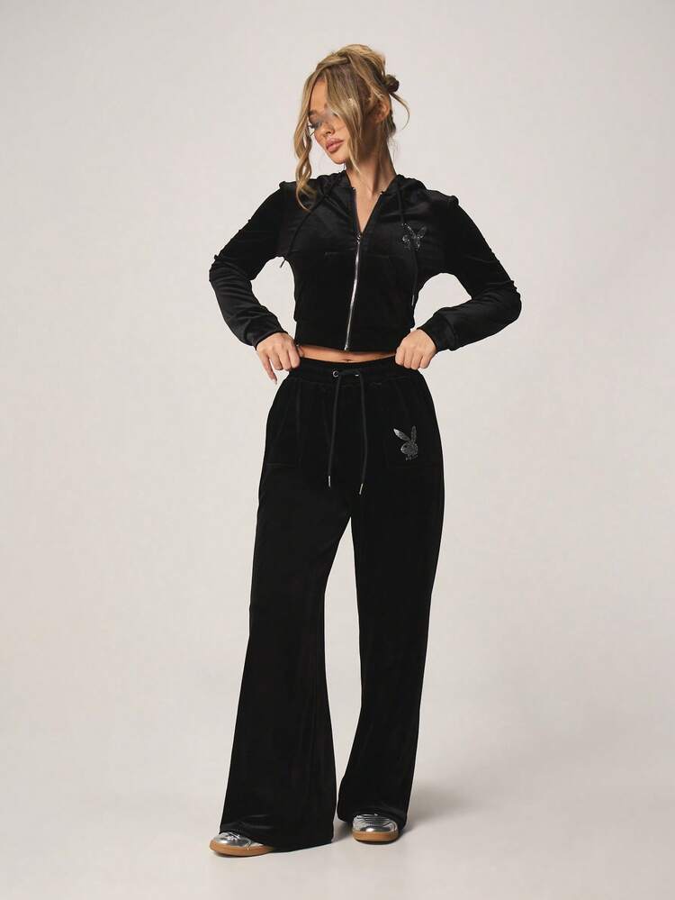 Missguided x Playboy Pantalones jogger de pierna ancha de terciopelo con logotipo de strass, cintura elástica con cordón, pantalones cómodos para estar en casa