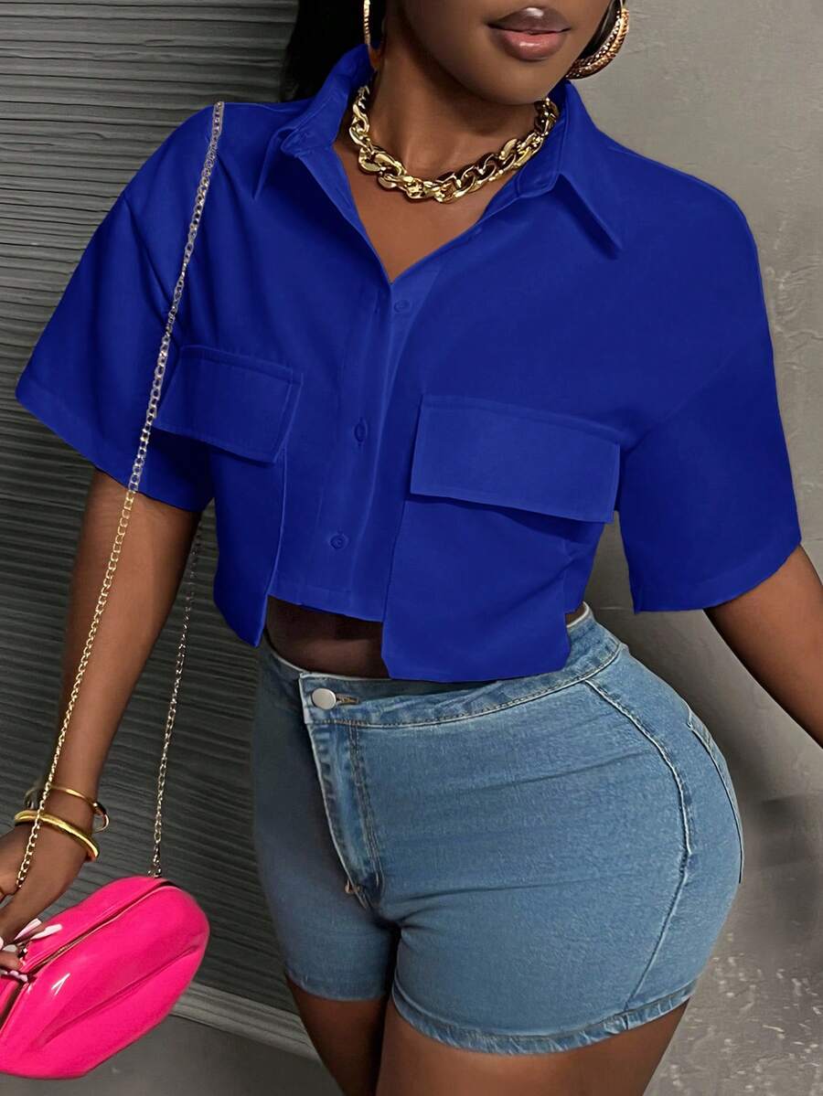 Slaydiva Áo croptop cổ polo trắng có túi, áo sơ mi tay ngắn có túi tiện dụng cho nữ, áo công sở nữ, áo kiểu nữ, quần áo công sở nữ, trang phục công sở nữ. - Màu xanh lam - Xem 1
