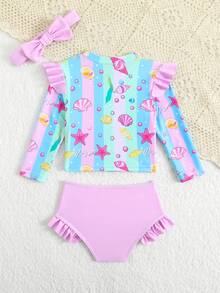 女婴泳衣，海洋生物印花，针织面料，荷叶边装饰，两件式泳衣，含发带，时尚休闲，适合游泳、度假、夏季、圣诞节、节日、新年、情人节等场合穿着。女婴荷叶边泳衣，女婴泳装，女婴贝壳海星印花两件式泳衣。 - 彩色 - 查看 2