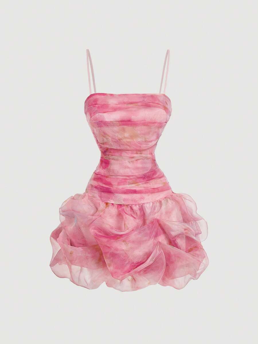 SHEIN MOD 女士碎花修身褶皱泡泡下摆欧根纱迷你连衣裙 - 彩色 - 查看 1