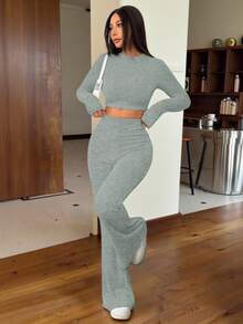 SHEIN EZwear 两件套女士休闲纯色针织圆领长袖修身短款T恤和高腰喇叭裤 - 薄荷綠 - 查看 3