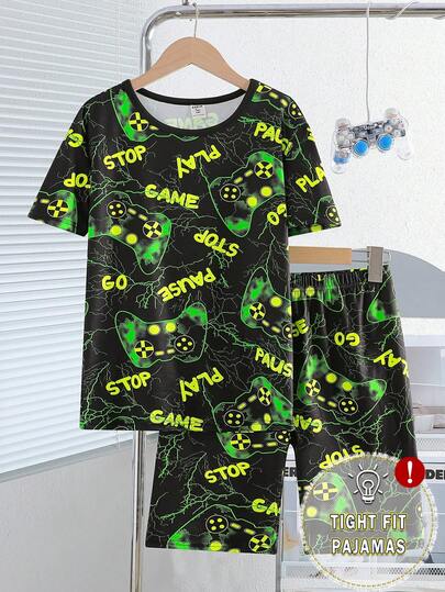 2pcs Teenage Boys' Black Minimalist Video Game Graphic Printed Short Sleeve Tee & Shorts Pajama Set