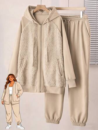 EMERY ROSE Plusstorlek Dam Patchwork Sherpa Zip Front Hooded Jacka Och Dragsko Byxor Casual 2 Piece Set