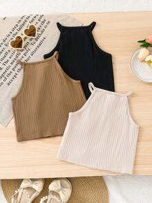 SHEIN 3件套 女童针织条纹圆领无袖休闲背心套装 - 彩色 - 查看 2