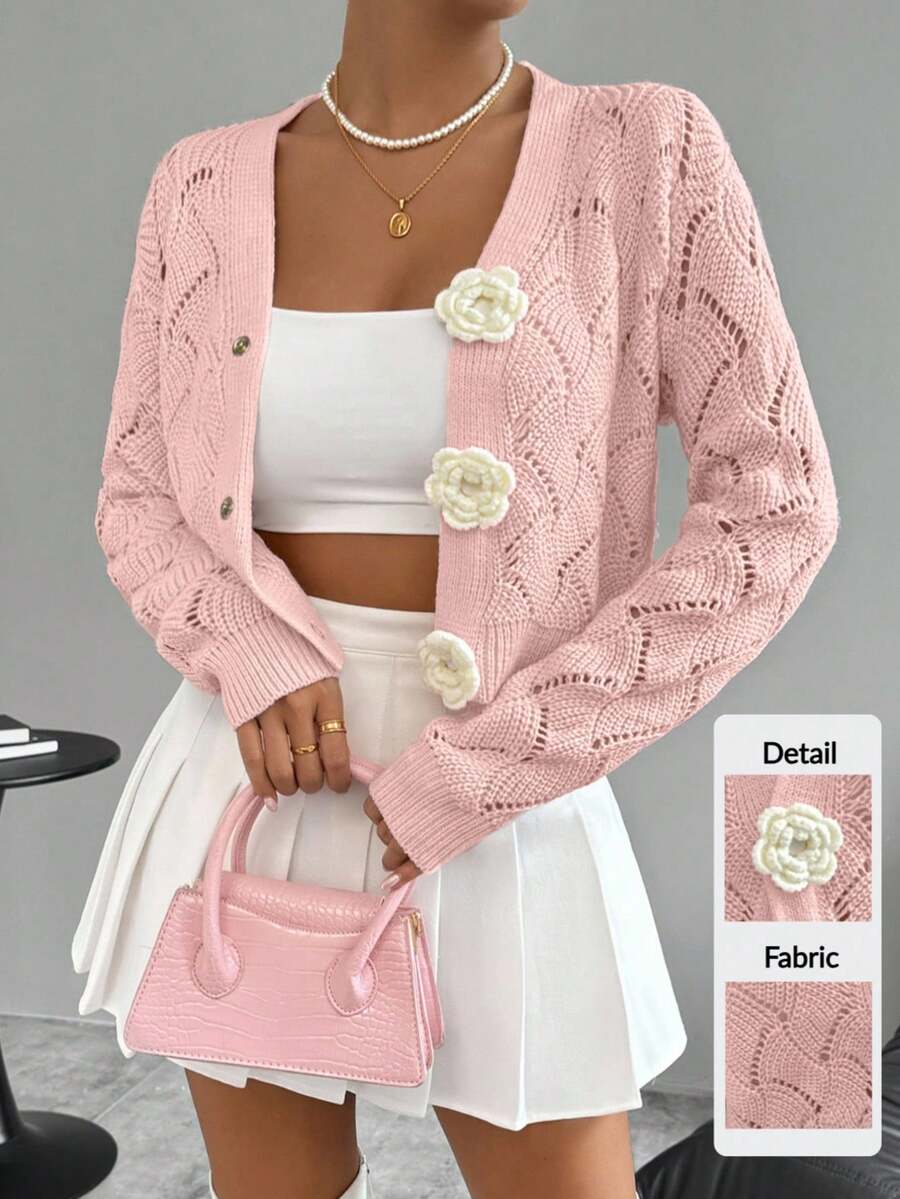 Chiquease 女士常规版型 3D 立体花朵粉色开衫套装可爱开衫女童