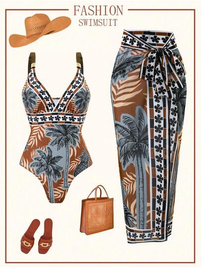 Swim Oasis 2026 New Spring/Summer Women 2pcs Set Printed Swimsuit & Mesh Maxi Dress Beach Resort Casual Swimwear Set