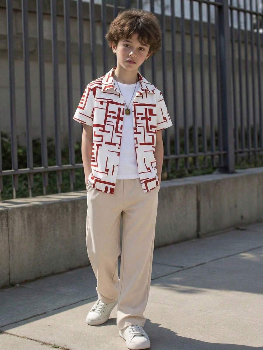 SHEIN Vacaura Bộ 2 món đồ mặc nhà dành cho bé trai tuổi teen, họa tiết kẻ sọc hình học, áo sơ mi ngắn tay và quần dài. - Màu Đỏ Sâu - Xem 1