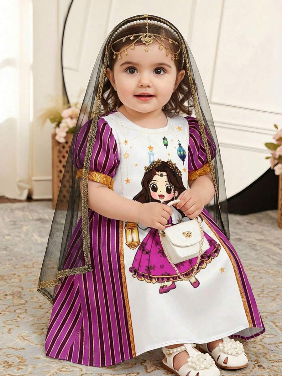 SHEIN Bao gồm một bộ 2 băng đô lưới; Váy tím kiểu retro với họa tiết công chúa hoạt hình dễ thương, sọc và tay phồng, thêu hoa cổ điển thanh lịch, váy dài tay truyền thống tối giản cho bé gái kiểu Ả Rập phù hợp cho mùa xuân/hè, váy dài tay kín đáo thanh lịch, áo Abaya cầu nguyện, thoải mái dễ chịu, trang phục thường ngày, phong cách nghỉ dưỡng, áo Kaftan kín đáo. - màu đen - Xem 1