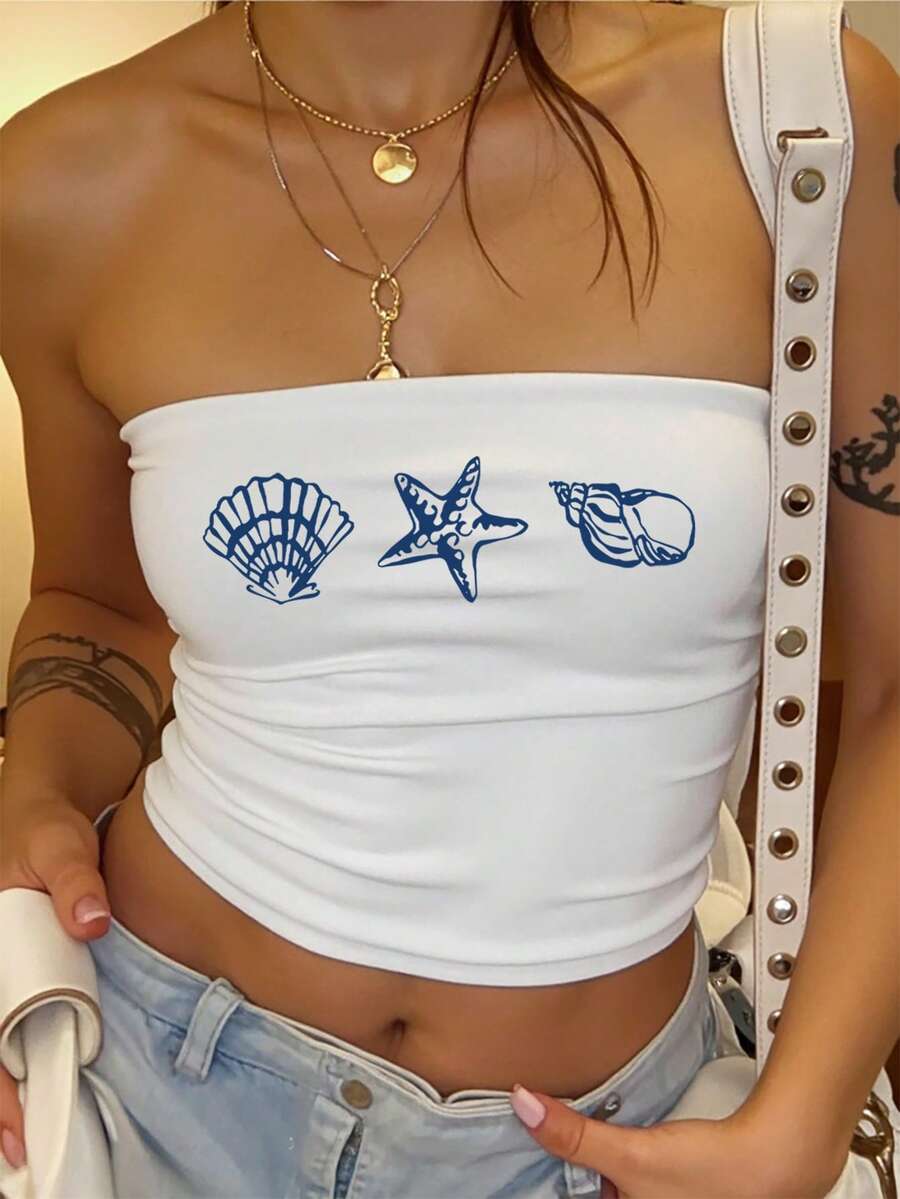 Sundraya Summer Vacation Casual Starfish & Shell Print Tube Top - White - View 1