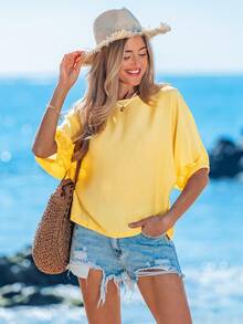 Sylviya Women's Casual Solid Color Shoulder Bat Wing Sleeve Basic 3/4 Sleeve Blouse, Spring & Summer Everyday Wear Yellow,Vacation - Yellow - View 4