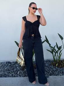 Nezia Cruz Débardeur court décontracté pour femmes grandes tailles, avec manches à volants, dos nu, en maille et plissé devant. Sexy et pour les vacances et la rentrée scolaire, en automne.