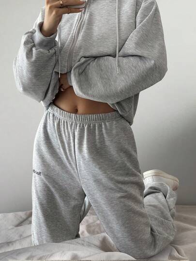 DAZY 女士户外连帽字母印花夹克和休闲运动裤套装