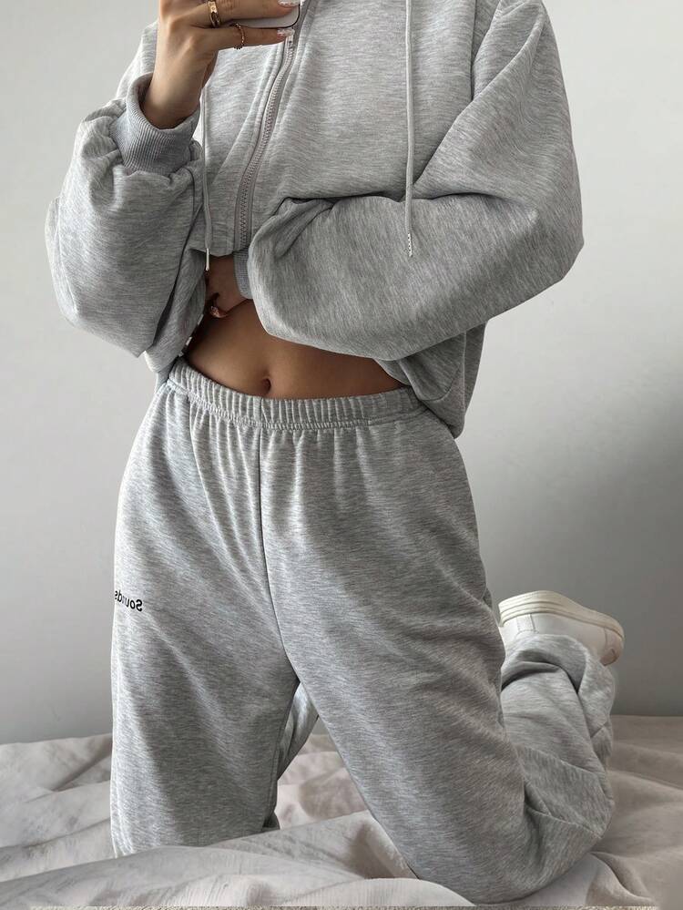 Women's Outdoor Hooded Letter Print Jacket And Casual Sweatpants Sports Suit