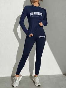 SHEIN Essnce 2pcs/Set Women Los Angeles Letter Graphic Long Sleeve Tight Fit Crew Neck T-Shirt And High Waist Leggings, Suitable For Spring And Autumn Blue 2 Piece Set Women Legging Two Piece Set Carnival - Navy Blue - View 3