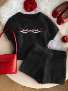 Comfortcana Women's Bow Decor Round Neck Classic Black Faux Fur Short Sleeve Knit Top And Knit Shorts Set, Spring/Summer, Christmas, New Year, Valentine's Day - Black - View 3