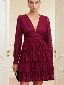 Aveloria Rosie 性感V领提花收腰显瘦优雅长袖连衣裙 - 紅色 - 查看 3