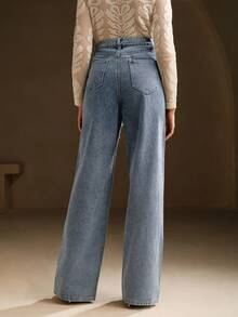 Anewsta Petite Women's High Waist Fashionable Beaded Straight Loose Wide-Leg Jeans - Blue - View 2