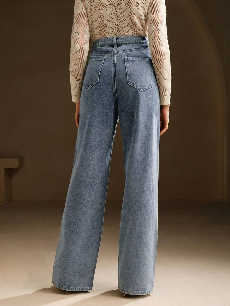 Elegant & Fashionable Washed Beaded Straight Loose Women's Blue Jeans, Spring/Summer