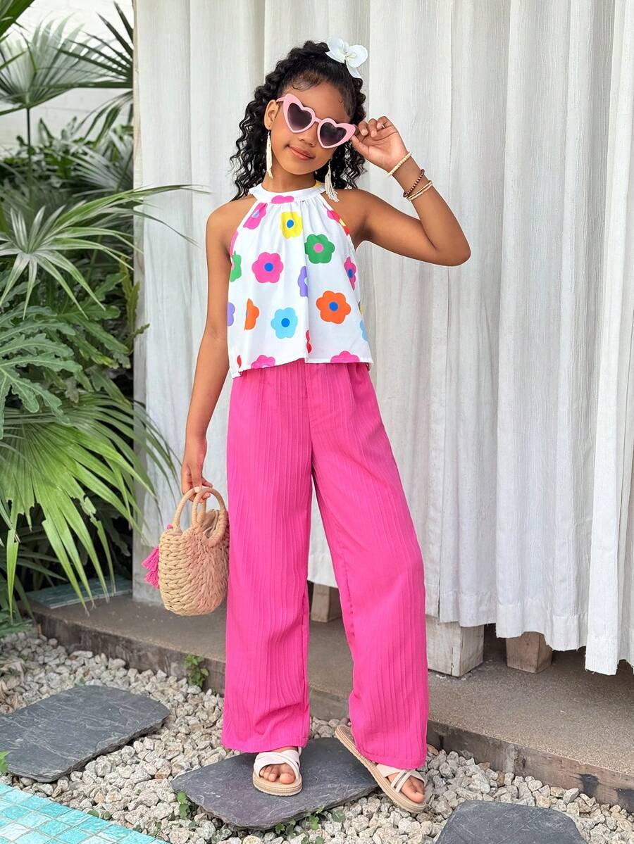 Tween Girl Beach Vacation Basic Halter Shirt + Loose 3/4 Pants Floral 2 Pieces Set - Hot Pink - View 1