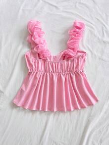 Soleia 女士纯色3D立体花卉装饰褶皱吊带背心 - 粉色 - 查看 2