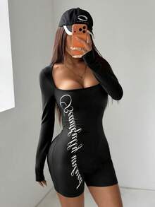 SHEIN EZwear Mono de manga larga con cuello redondo y estampado de letras de punto negro para mujer - Negro - Ver 7