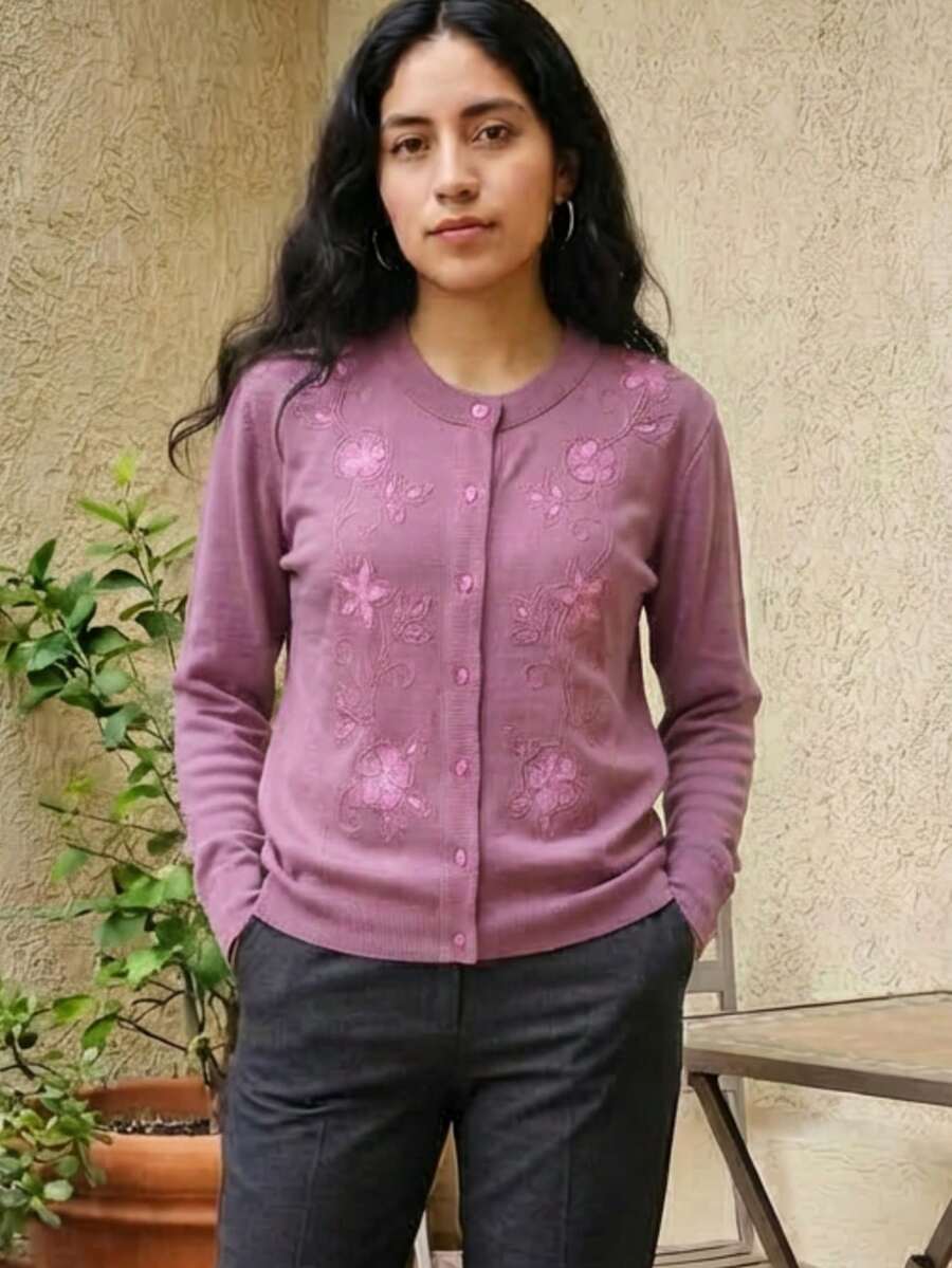 Women's Soft Sweater With Colorful Flower Embroidery - Bean paste powder - View 1