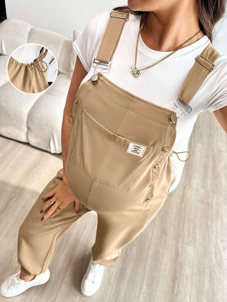 SHEIN 孕妇纯色休闲连体裤 - 卡其色 - 查看 1