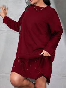 SHEIN Cottnline Plus Size Women Solid Color Round Neck Long Sleeve Ruffle Hem Casual Loose Dress - Burgundy - View 5
