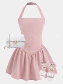 Firerie Kids Firerie Kids Tween Girls Casual Elegant Knit Spaghetti Strap Snug Fit Ruffle A-Line Mini Dress, Suitable For Party, Outing, Back To School Outfit - Dusty Pink - View 4