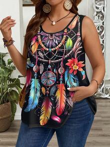 SHEIN LUNE 大码女装夏季无袖彩色羽毛印花圆领休闲宽松背心 夏季上衣 大码背心 波西米亚风背心 女式波西米亚风上衣 大码休闲上衣 女式夏季大码无袖上衣 大码背心 女式无袖上衣 女式波西米亚风上衣 - 彩色 - 查看 1