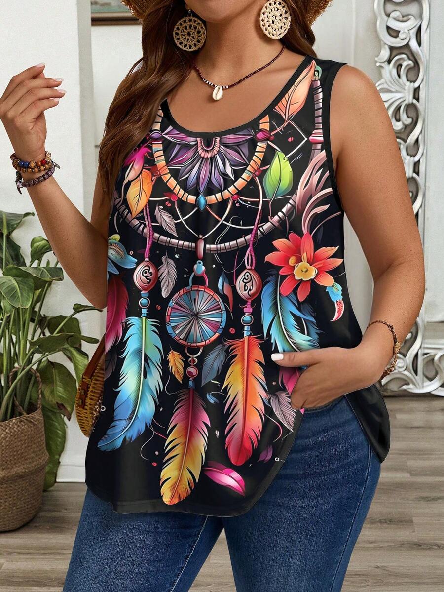 SHEIN LUNE 大码女装夏季无袖彩色羽毛印花圆领休闲宽松背心 夏季上衣 大码背心 波西米亚风背心 女式波西米亚风上衣 大码休闲上衣 女式夏季大码无袖上衣 大码背心 女式无袖上衣 女式波西米亚风上衣 - 彩色 - 查看 1
