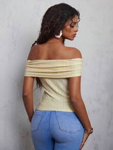 Eryvara Women's Slim Fit Jacquard Off-Shoulder Split Short Sleeve T-Shirt - Light Yellow - View 2