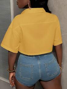 Slaydiva Áo croptop cổ polo trắng có túi, áo sơ mi tay ngắn có túi tiện dụng cho nữ, áo kiểu màu vàng, áo công sở cho nữ, áo croptop cho nữ. - Màu vàng - Xem 3