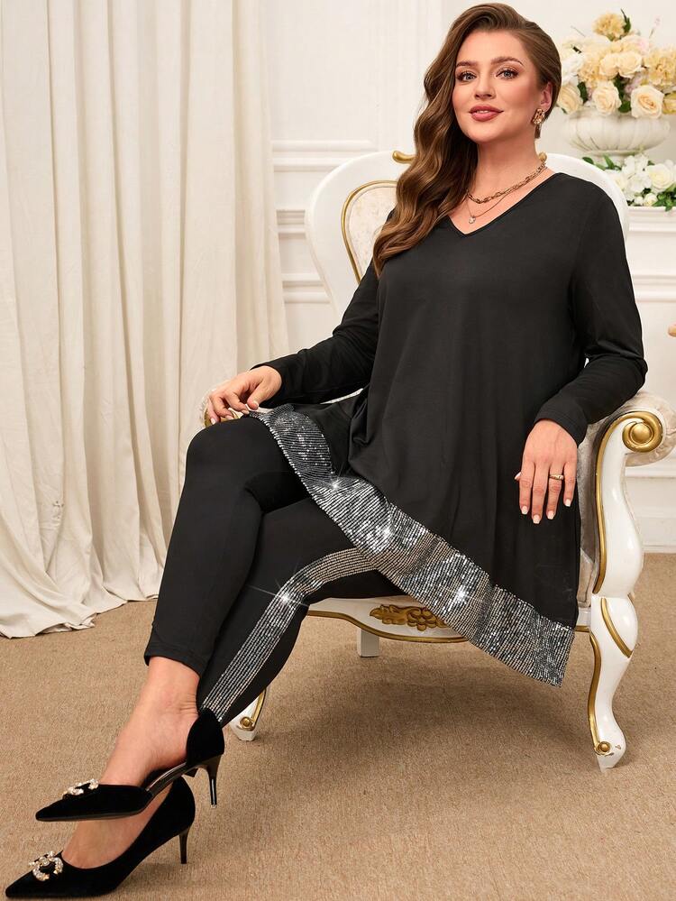 Plus Size Sequin Patchwork Black Top + Sequin Patchwork Black Leggings For Summer/Vacation/ Vacation