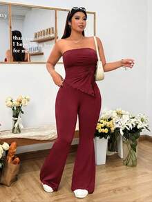 SHEIN EZwear Set de top corto y jeans acampanados talla grande en color vino tinto, para primavera/verano - Burdeos - View 6