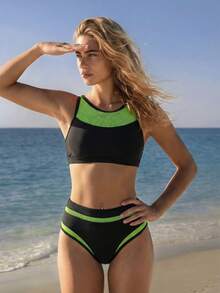 Swim SPRTY Women's Summer Beach Colorblock Contrast Fishnet Neon Bikini Set Bathing Suit - Multicolor - View 1