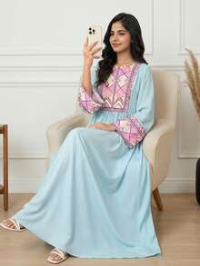 SHEIN 少女绿色拼接印花休闲连衣裙 - 綠色 - 查看 1