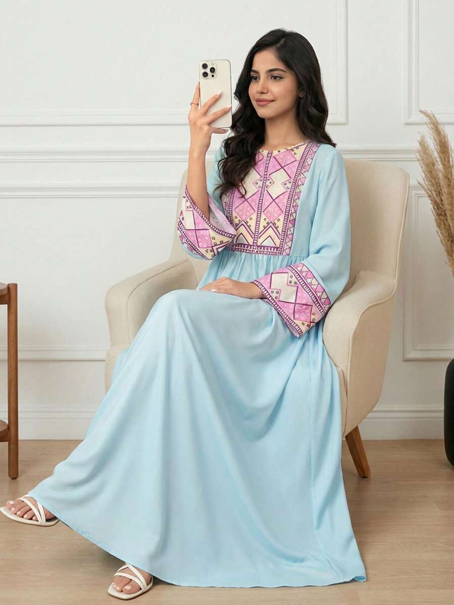 SHEIN 少女绿色拼接印花休闲连衣裙 - 綠色 - 查看 1