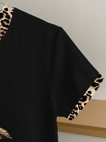 Resyla 女士撞色豹纹樱桃印花短袖休闲圆领T恤 - 黑色 - 查看 4