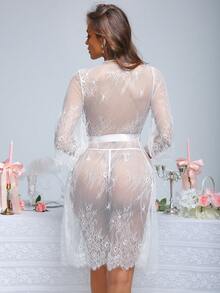 Crystal Vow 2pcs/Set Sexy Women's Lace Eyelash Trim Nightgown Set Wedding Robe Sheer Robe Mesh Robe Bridal Robe Set White Lace Robe - White - View 2