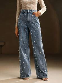 Anewsta Petite Women's High Waist Fashionable Beaded Straight Loose Wide-Leg Jeans - Blue - View 1