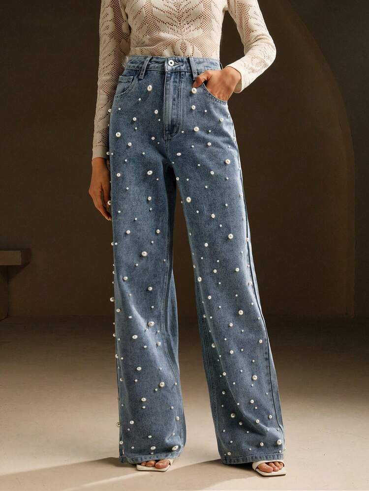 Women's High Waist Fashionable Beaded Straight Loose Wide-Leg Jeans